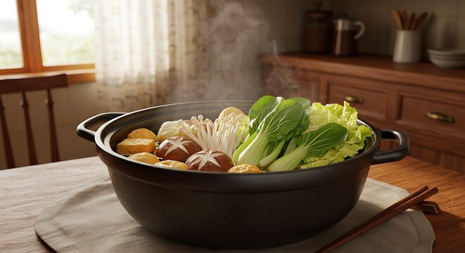 Steaming pot of fresh vegetables and mushrooms with wooden chopsticks