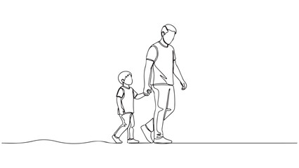 Obraz premium A continuous line drawing of a man and a child walking hand in hand outdoors in a simple minimalist style