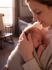 loving mother holding sleeping newborn baby in nursery as concept of motherhood infant care bonding and maternal affection at home with soft natural light and cozy nursery interior