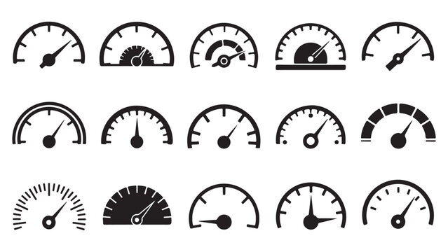 Collection of various speedometer gauge icons in black and white on white background