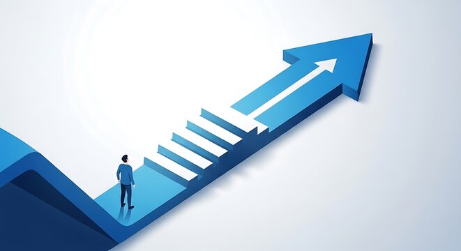 A small figure looks up at a staircase leading to an upward-pointing arrow