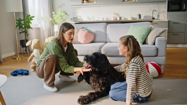 Mom kid caressing pet touching black fluffy wool at home. Lovely dog lying floor