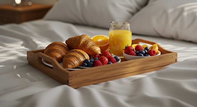 Breakfast tray on bed with croissants fruit and orange juice daylight scene