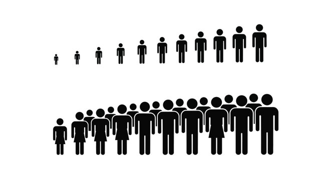 Black stick figures depict growth and population density showing increasing size and numbers