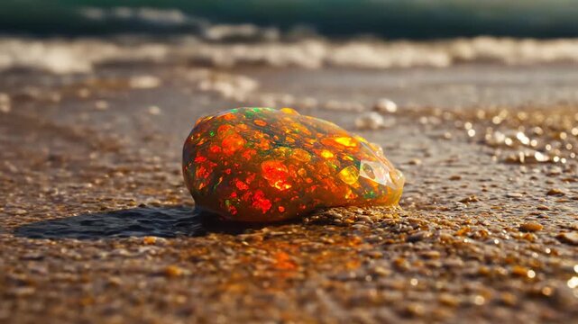 A radiant opal gemstone resting on a sandy beach shore