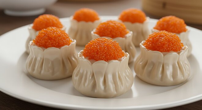 Appetizing steamed dumplings with vibrant orange topping presented on a white plate