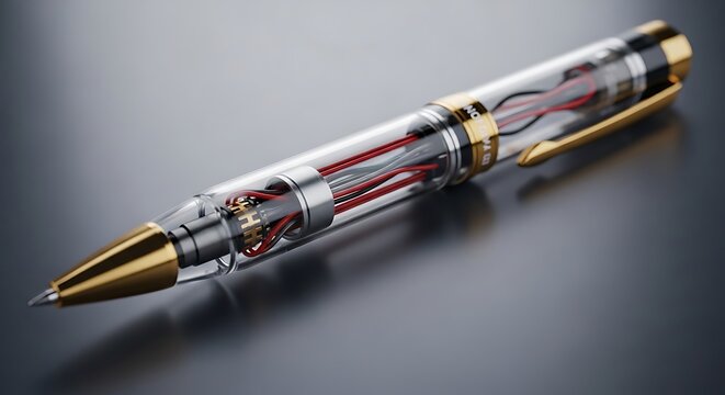 Transparent pen revealing internal mechanics with golden accents, on a reflective surface