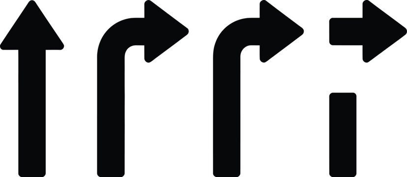 Directional arrow icon set, black navigation signs with straight U turn and right turn symbols for traffic guidance route direction and wayfinding design.