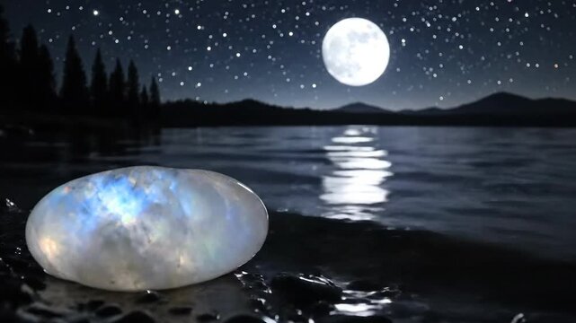 A glowing moonstone on the shore reflecting the night sky