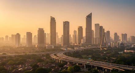 Fototapeta premium City skyline at sunset skyscrapers and highway with warm atmospheric haze