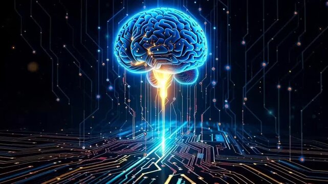A futuristic brain emits light on a circuit board background with technology.