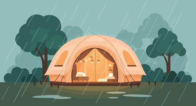 Cozy Glamping in the Rain: A charming glamping tent stands nestled amidst a rainy forest scene, evoking feelings of warmth, and protection.