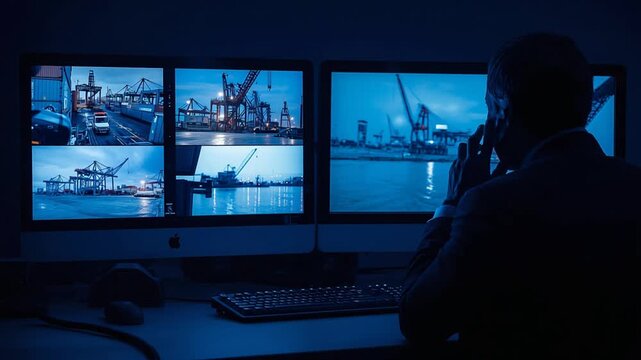 Man in suit watching multiple security camera feeds of a port on computer monitors at night surveillance