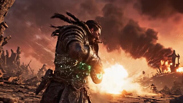 Warrior raises sword amid fiery battlefield ruins