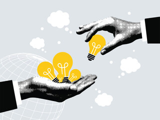 Hands holding and passing lightbulbs with ideas and inspiration on gray background with clouds and globe  symbolizing innovation and creativity © Md