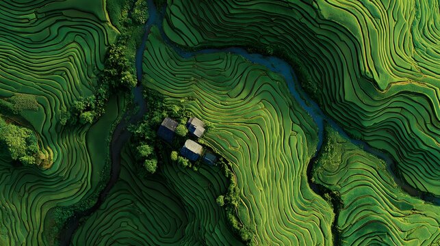 terraced rice fields structured like coded sequences linking rural homes across landscape + segmented terrain with repeated coded formations + neutral flat lighting ensuring readability of structure +
