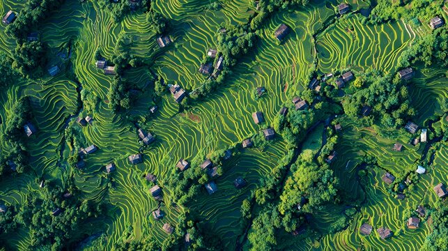 terraced rice fields structured like coded sequences linking rural homes across landscape + segmented terrain with repeated coded formations + neutral flat lighting ensuring readability of structure +