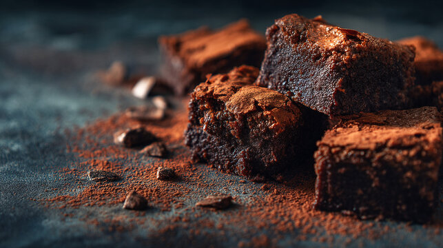 Rich, decadent chocolate brownies are piled high on a dark surface.
