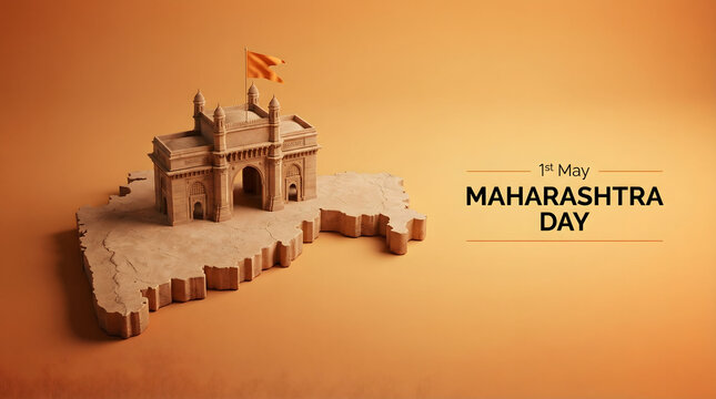 Maharashtra Day Greeting with Map of Maharashtra and Historic Fort Design