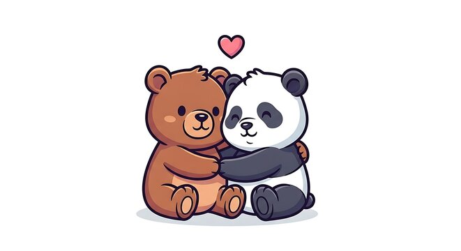 Animated brown bear and panda hug under a floating pink heart, on a white backdrop