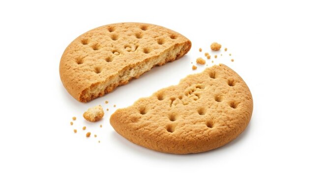 Digestive biscuit broken in half with crumbs, golden brown wheat cookie on white background, crunchy wholemeal sweetmeal snack for tea time