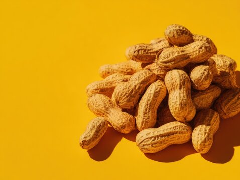 Pile of raw peanuts on yellow background