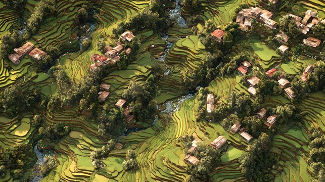 terraced rice fields forming tessellated land units connecting rural homes across terrain + structured highland environment with interlocking polygonal cultivation zones + soft neutral daylight mainta