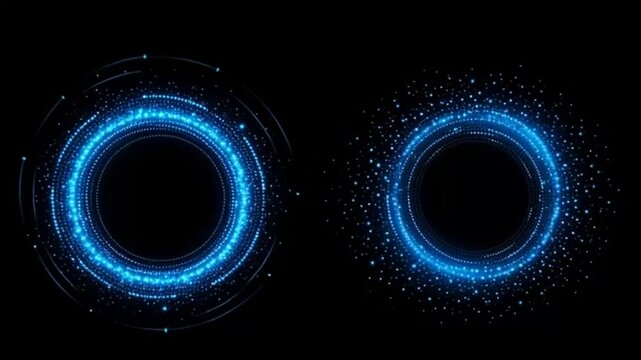 Glowing blue circles emit light particles on a dark background with technology