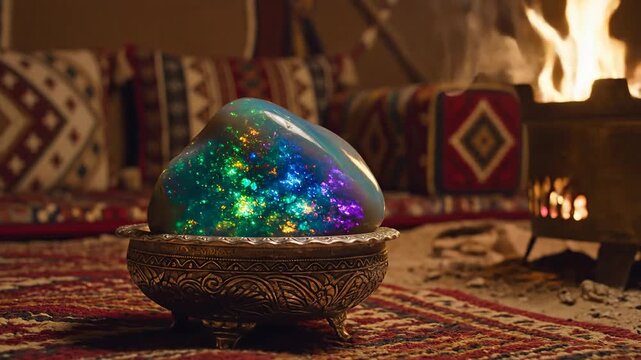 A glowing opal gemstone displayed in silver bowl beside fire