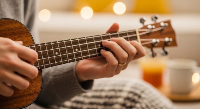 Close-up of a person playing a ukulele indoors with soft bokeh lights in the background.