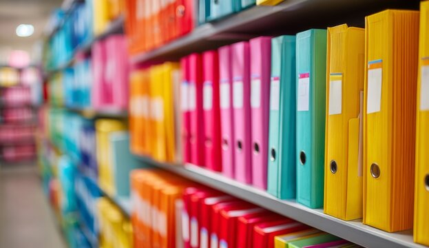 Colorful and Well-Organized Shelves Filled with Stationery Files in a Neat Office Environment