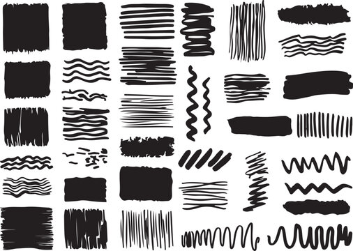 Black Marker Brush Strokes, Grunge Scribbles, Hatching Lines, and Abstract Wavy Patterns for Distressed Graphic Design,