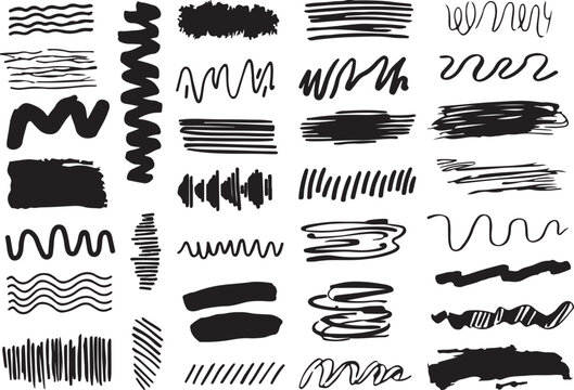 Black Marker Brush Strokes, Grunge Scribbles, Hatching Lines, and Abstract Wavy Patterns for Distressed Graphic Design,