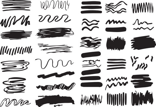 Black Marker Brush Strokes, Grunge Scribbles, Hatching Lines, and Abstract Wavy Patterns for Distressed Graphic Design,