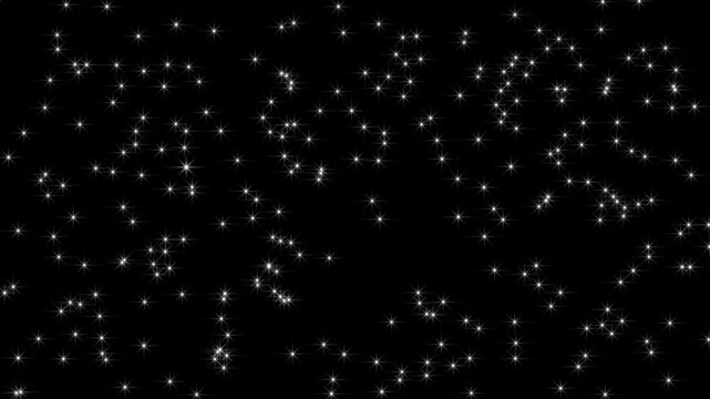 Twinkling stars glow fields flying in galaxy space with starburst light effect, starry night stars, cartoon blinking stars and retro vector elements, 4K luxury night sky motion graphics animation