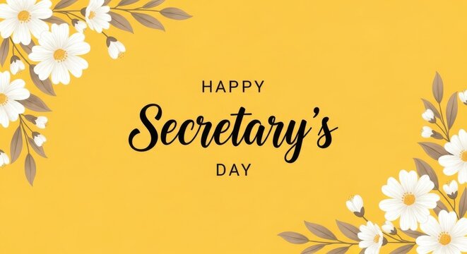 Happy Secretary's Day greeting card, elegant floral background with white daisies, yellow professional appreciation banner for administrative professionals