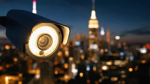 Security camera with illuminated LE Ds in the foreground overlooking a blurred city skyline at night