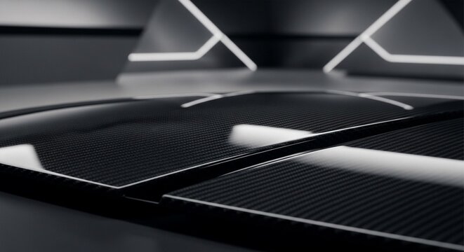 Close-up of shiny black carbon fiber texture with futuristic geometric lighting in dark studio