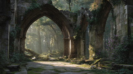 Naklejka premium Mystical Ancient Stone Ruins with Gothic Arches Overgrown by Green Moss and Ivy in a Sunlit Magical Forest, Atmospheric Architectural Landscape Photography with Soft Sunlight Rays and Wildflowers