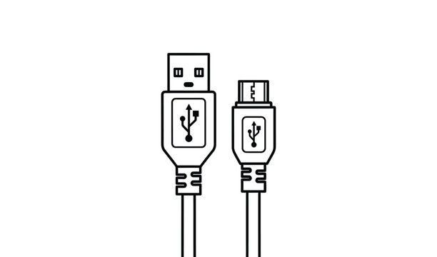 Vector illustration of usb cable with a and micro b connectors on white background