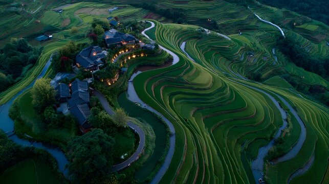 terraced rice fields arranged in orbital pathways revolving around rural homes across terrain + elevated landscape with curved agricultural trajectories + soft twilight lighting enhancing orbital moti