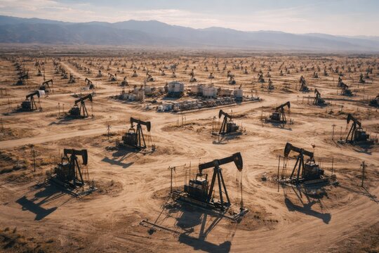 Aerial view of vast oil field with numerous pumpjacks operating in arid desert landscape under clear sky