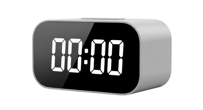 A digital alarm clock with a black face and white numbers isolated on transparent background