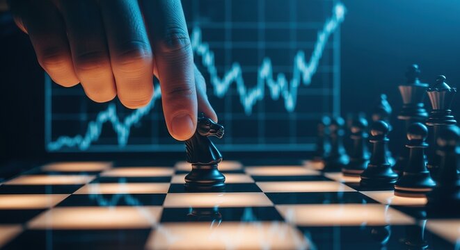 Strategic move with knight on chessboard against stock market graph