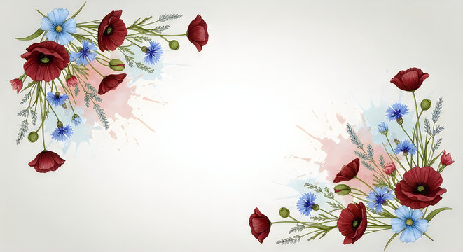 Red poppy and blue bachelor button flower corner accents nature blooming plant life outdoors.
