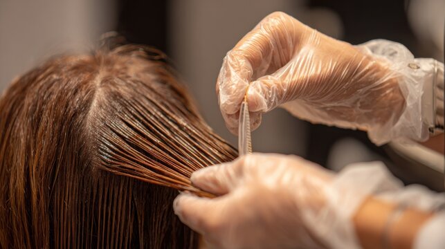 Medium shot of a stylist carefully winding hair around timed rods during a perm application protective gloves in clear focus against a gentle blur.
