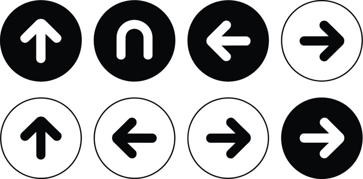 Directional arrow, traffic sign icon set, black and white round circle signs with go straight U turn left and right arrows for road navigation and guidance design.