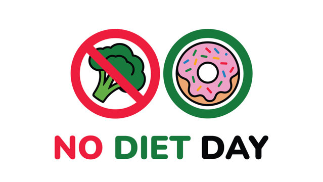 No diet day illustration with healthy broccoli crossed out and donut icon representing cheat day indulgence balance concept colorful flat vector design