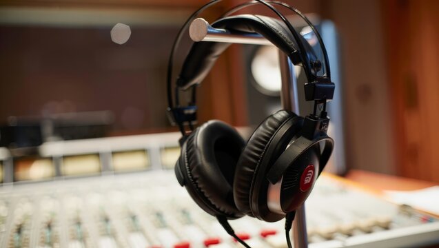 A professional recording studio setup featuring a pair of black headphones on a stand with a mixing board in the background, ideal for music production, podcasting, and radio broadcasting.