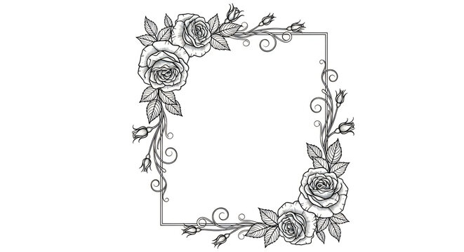 Black and white line art rose border frame illustration featuring detailed floral sketches and vines.